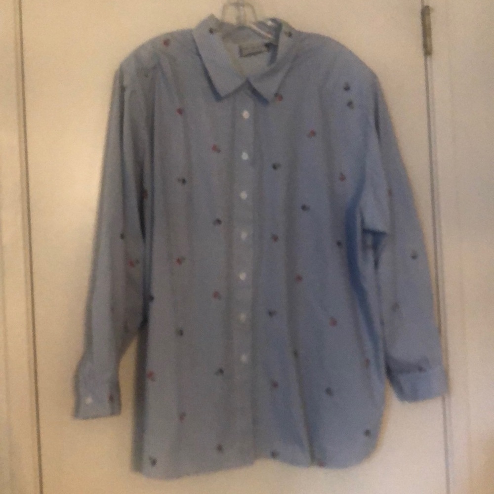 Long sleeve button down shirt blue white stripes embroidered flowers 3X EUC